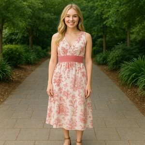 Vintage Sam TY Y2K Toile Linen Midi Dress White/Pink US Womens 10